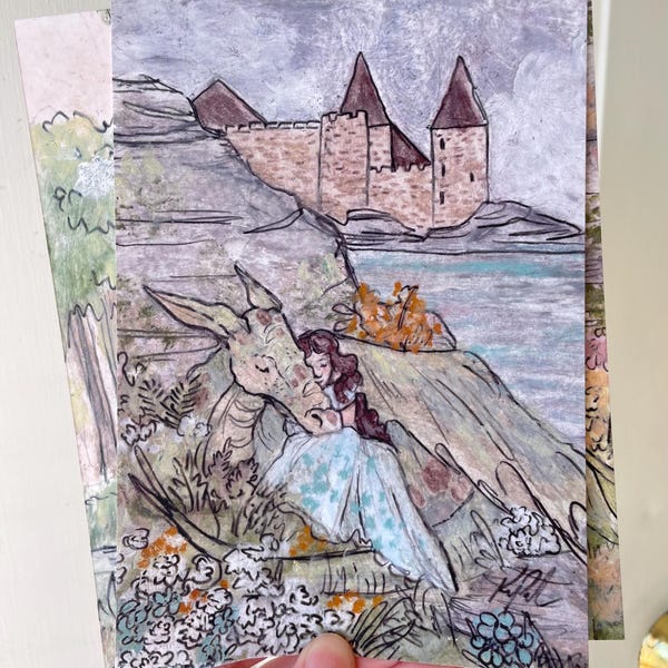 Fairytale Girl and Dragon Fantasy Art PRINT