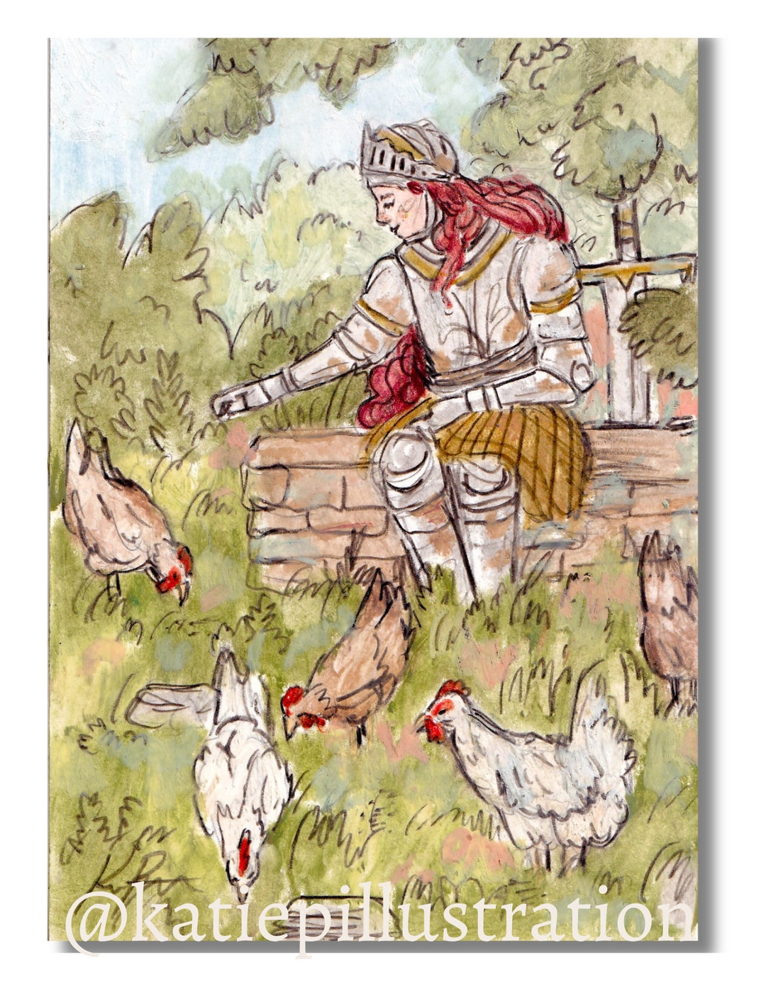 Lady Knight Feeding Chickens Fantasy Art PRINT - Etsy