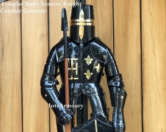 Medieval Black Crusader Knight Suit of Armor Templar Body Armour Knight Combat Wearable Costume for Halloween Party LARP Theatrical Events