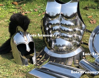 Great Achilles Troy Helmet Black Plume Muscle Armor Breastplate W/ Spartan Shield Arm/Leg Guard Silver Suit of Armour LARP Cosplay Costume