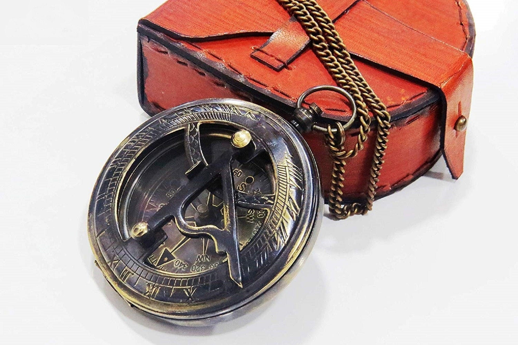 Brass Compass Nautical Push Button with Chain and Leather Case 