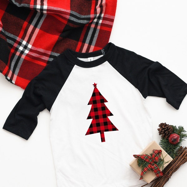 Christmas Toddler Shirt, Christmas Raglan, Christmas Tree Shirt, Buffalo Plaid Christmas Shirt, Cute Christmas Present, Christmas Shirts