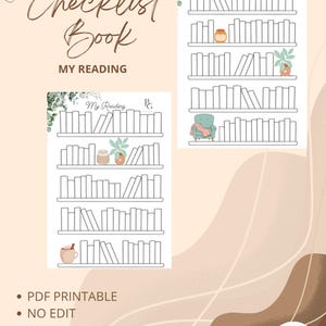 May include: A digital reading checklist book featuring two printable pages with bookshelf illustrations. Each page includes rows of empty book outlines, decorative greenery, a candle, a potted plant, a cozy armchair with a blanket, and a mug. Text reads Checklist Book, My Reading, PDF PRINTABLE, and NO EDIT.