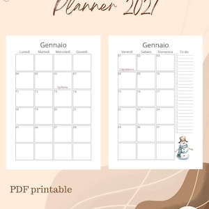 Può includere: Un planner PDF stampabile per il 2027 con il calendario mensile di gennaio. Il layout presenta due pagine con griglie per i giorni della settimana, una colonna per le cose da fare e una piccola illustrazione di un pupazzo di neve.