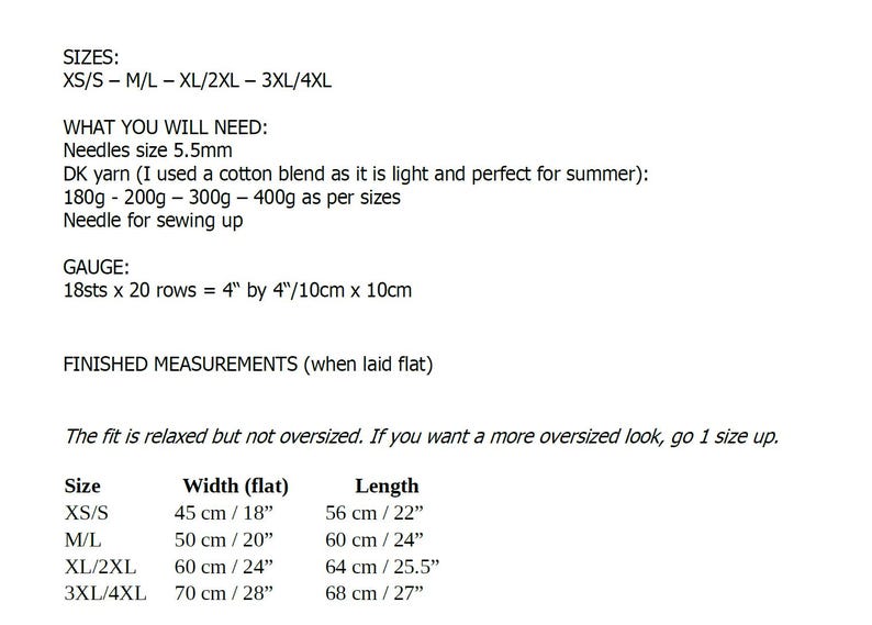 May include: A white informational chart with black text detailing knitting pattern specifications. It lists sizes from XS/S to 3XL/4XL, needle size 5.5mm, DK yarn requirements, gauge of 18 stitches by 20 rows, and a table of finished measurements in inches.