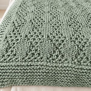 Può includere: Una coperta lavorata a maglia color verde salvia con un motivo geometrico strutturato a rombi ripetuti e un bordo spesso a legaccio. Il tessuto è composto da spessi anelli di filato che creano una superficie densa e tattile.