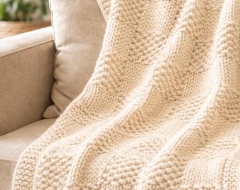 Easy Knit Blanket Pattern - Checkerboard Blanket - Worsted/Aran Knit Throw - Modern Sofa Blanket - PDF Download