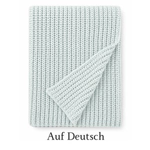 May include: A light mint green knitted throw blanket featuring a consistent vertical ribbed texture. The blanket is folded over at the top right corner, revealing the same ribbed pattern on the underside of the fabric in a uniform color.