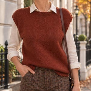 May include: A sleeveless rust-coloured knit sweater vest worn over a long-sleeved white collared shirt, paired with brown and black plaid trousers. A thin brown leather shoulder strap hangs across the front of the rust-coloured knit garment.