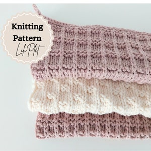 May include: A close-up of three knitted fabric swatches in pink and white. The swatches are folded and stacked on top of each other. The top swatch has a "Knitting Pattern Lili Plet" label.
