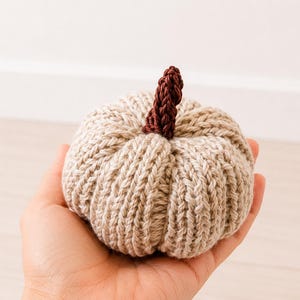 Puede incluir: Una pequeña calabaza decorativa tejida a mano con un cuerpo de hilo beige acanalado y texturizado, y un tallo de hilo marrón oscuro retorcido. El objeto presenta un patrón de punto visible que crea una forma redondeada y suave de calabaza.