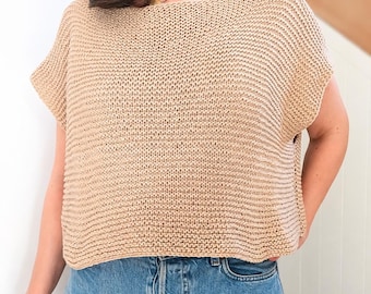 Modello per maglietta facilissima da lavorare a maglia, maglione per principianti, senza sagomature, lavorazione in un unico pezzo, ferri dritti, filato di medio spessore, taglie dalla XS alla 4XL