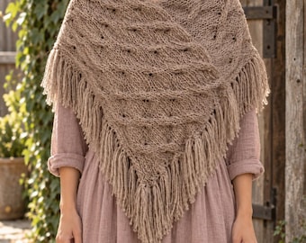 Cable Poncho Knitting Pattern PDF | Beginner Knit Wrap | Boho Shawl | Worsted Yarn | Sizes S–3XL