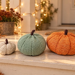 May include: Three knitted pumpkins in varying sizes and colours, including a small cream pumpkin, a medium sage green pumpkin, and a large orange pumpkin. Each pumpkin features a ribbed texture and a dark brown knitted stem on top.