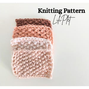 May include: Four knitted squares in different shades of pink and brown. The squares are stacked on top of each other. The text "Knitting Pattern" and "Lili Plet" is written above the squares.