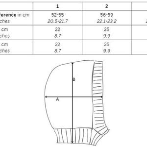 May include: Diagram of a balaclava with measurements. The diagram shows the head circumference in inches and centimeters, as well as the dimensions of the balaclava, labeled A and B, also in inches and centimeters.