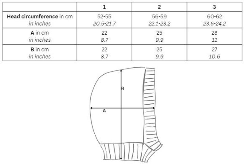 May include: Diagram of a balaclava with measurements. The diagram shows the head circumference in inches and centimeters, as well as the dimensions of the balaclava, labeled A and B, also in inches and centimeters.