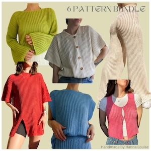 May include: A collection of six handmade crochet clothing items in various colors. Includes a lime green sweater, a cream-colored button-up shirt, beige pants, a red tunic, a blue sleeveless top, and a pink vest. The text "6 PATTERN BUNDLE" is at the top.