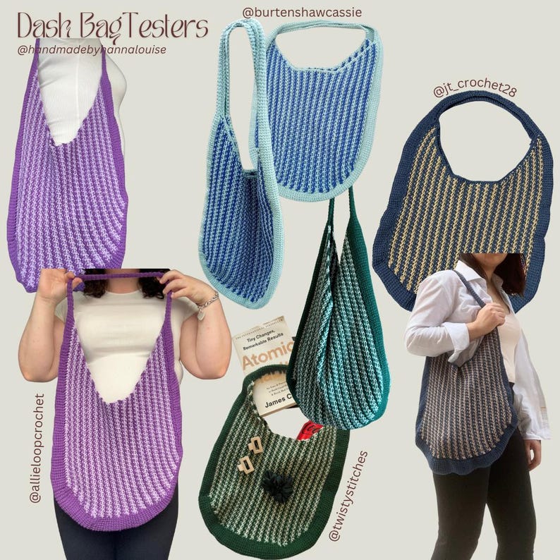 May include: Collection of handmade crochet dash bags in various colors, including purple, blue, and green. Each bag features a unique striped pattern and a distinctive curved shape. The bags are displayed in different settings, showcasing their design.