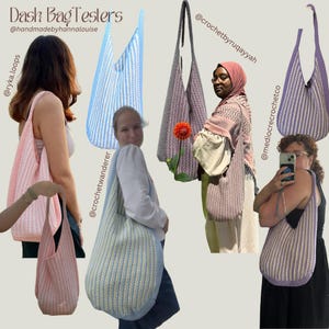 May include: A collection of handmade crochet tote bags in various colors, including pink, blue, and purple. Each bag features a unique design and texture, showcasing the artistry of crochet. The bags are displayed in a lifestyle setting, highlighting their versatility.