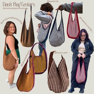 May include: Collection of handmade crochet tote bags in various colors and patterns. The bags feature long straps and unique designs, including brown, navy, red, and striped patterns. The image showcases the bags being modeled.