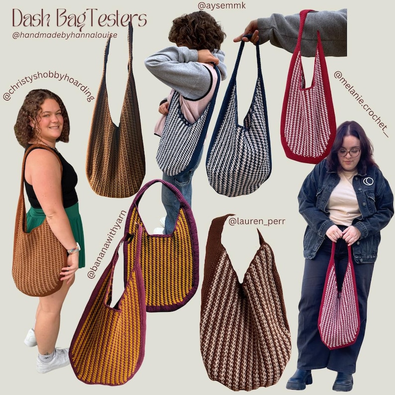 May include: Collection of handmade crochet tote bags in various colors and patterns. The bags feature long straps and unique designs, including brown, navy, red, and striped patterns. The image showcases the bags being modeled.