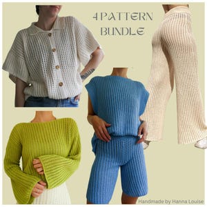 May include: Four crochet patterns for tops, shorts, and trousers. The patterns are in a variety of colours, including white, blue, green, and beige. The patterns are handmade by Hanna Louise.