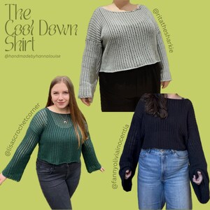 May include: Three women wearing different versions of a crochet "Cool Down Shirt" in green, gray, and black. The text "The Cool Down Shirt" is at the top of the image, and the text "@handmadebyhannalouise" is below it.