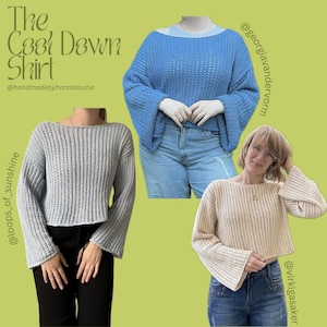 May include: Three crocheted tops in different colors: light blue, light gray, and cream. The tops are all cropped and have wide bell sleeves. The text "The Cool Down Shirt" is at the top of the image.