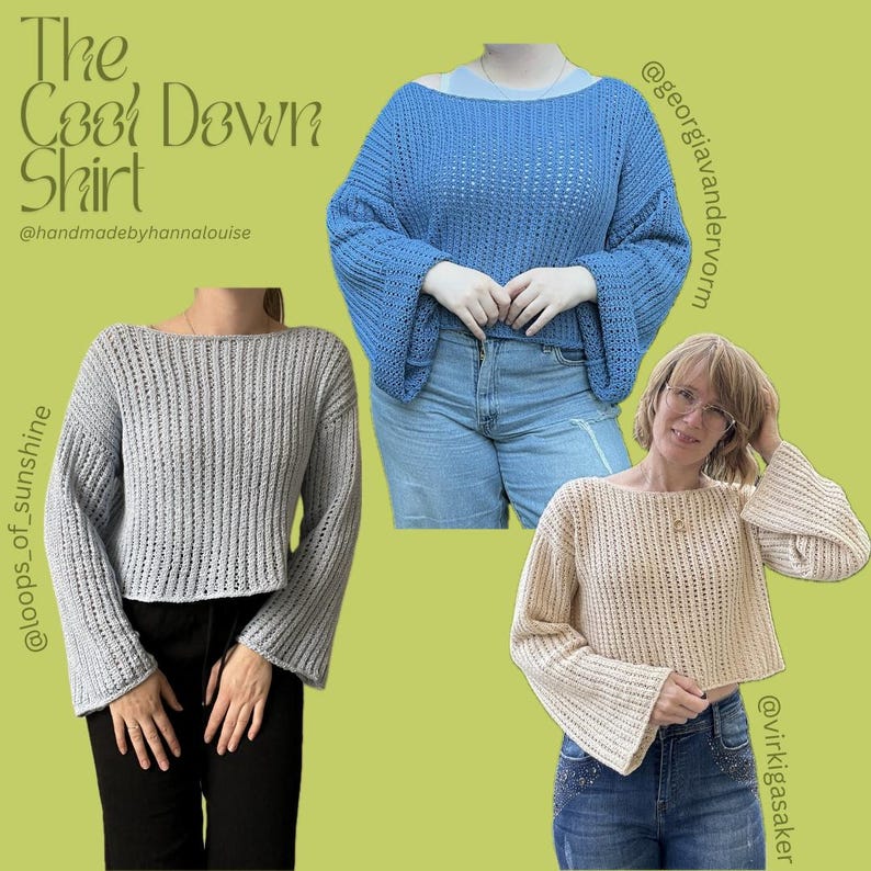 May include: Three crocheted tops in different colors: light blue, light gray, and cream. The tops are all cropped and have wide bell sleeves. The text "The Cool Down Shirt" is at the top of the image.