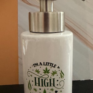 Ceramic pump soap dispenser. Features “High Maintenance” 420 gift Sleek stainless pump. Decorative  function.