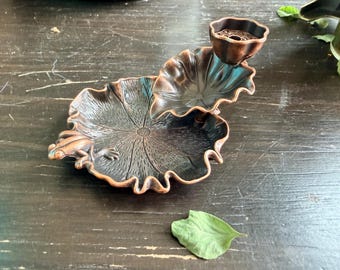 Incense Holder  -  Frog on Double Stacked Lily Pad Vintage Backflow Uses Cone Incense Smoke Flows into Leaf