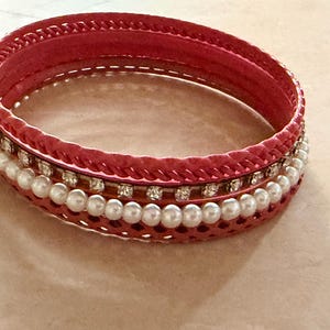 Stacked Set 5  White Dark Pink Faux Pearls Rhinestones Women's Bangle Bracelets  Boho Hippie Everyday Versatile