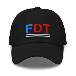 May include: A black baseball cap with a white brim and a red and blue embroidered "FDT" logo.