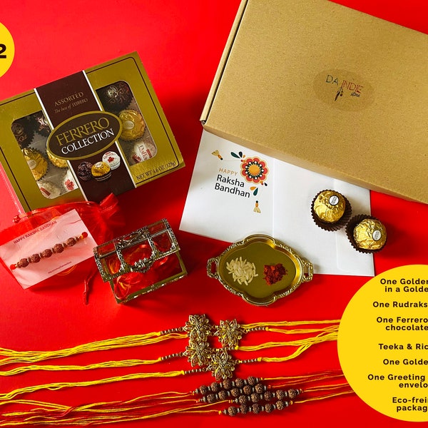 Rakhi Gift Pack for Brother, teeka and rice grain with golden tray, Greeting card, chocolate, FREE Shipping USA, eco-friendly packaging