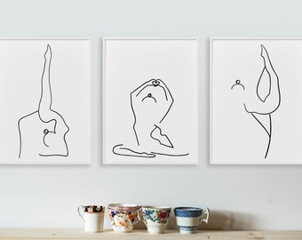 Set of 3 Yoga Art Print Line Drawing Yoga Wall Decor Minimal Art Meditation Poster Printable Yoga Pose Namaste Gym Wall Art