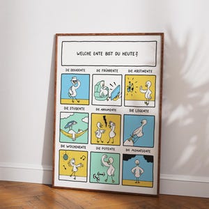Könnte beinhalten: Ein gerahmtes Poster mit einem Cartoon-Enten-Thema. Das Poster zeigt ein Raster von neun Tafeln, jede mit einer anderen Entenillustration und deutschem Text. Der obere Text lautet "WELCHE ENTE BIST DU HEUTE?" in weißer Schrift.