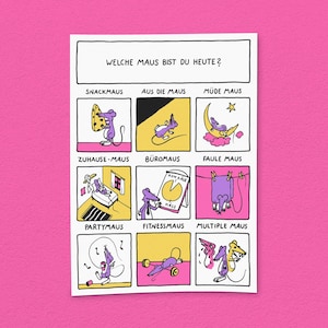 Könnte beinhalten: Ein weißer rechteckiger Druck mit einem Raster aus neun Cartoon-Feldern, die violette Mäuse in verschiedenen Szenarien zeigen. Der Text oben lautet WELCHE MAUS BIST DU HEUTE?, gefolgt von Bezeichnungen für jeden Maustyp wie SNACKMAUS und BÜROMAUS.