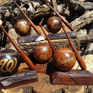 Baseball figurine | Desert ironwood | MLB | Custom | Hand engraving team | Carving | Personalized | Ball & bat