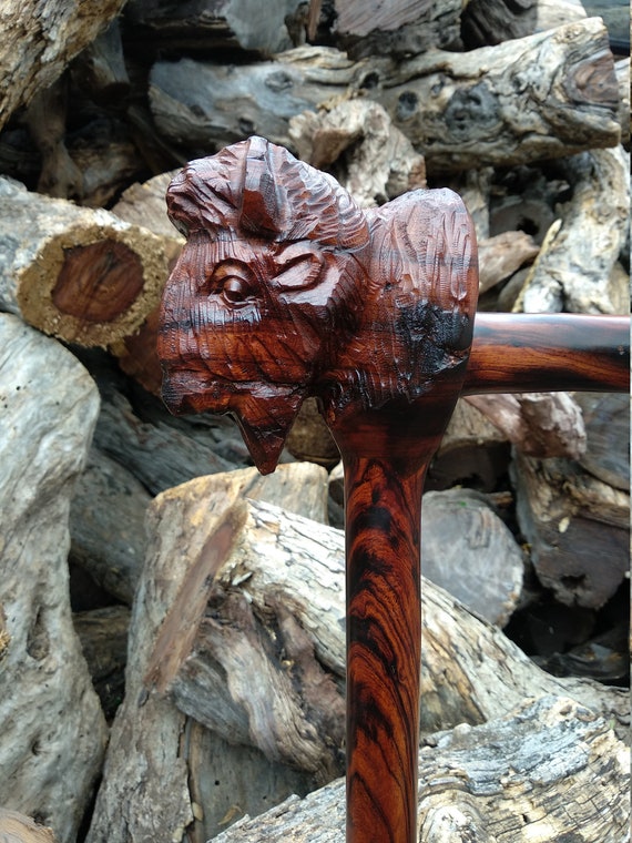 Walking cane Bighorn design carved walking stick handmade in desert