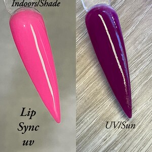 May include: Two nail polish swatches, one bright pink labeled "Lip Sync uv" and the other a deep purple labeled "UV/Sun". The pink swatch is shown in shade, the purple in sunlight. The image shows the color change.