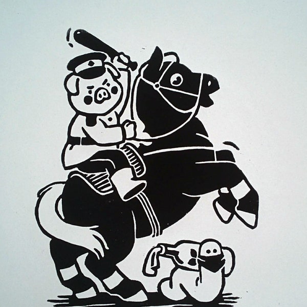 Riot police poster, linocut | protest art print, pig poster, horse wall art