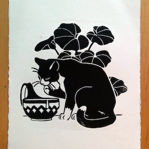 Drinking Cat Linocut | cat print | black and white cat poster