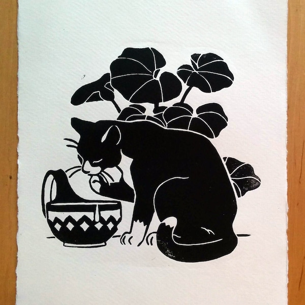 Drinking Cat Linocut | cat print | black and white cat poster
