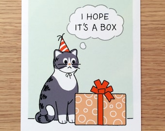 Op de afbeelding: Een rechthoekige wenskaart met een grijs-witte kat die een rood-wit gestreept feesthoedje draagt. De kat zit naast een beige cadeau met een rood lint. Een tekstballon boven de kat bevat de tekst, I HOPE IT'S A BOX.