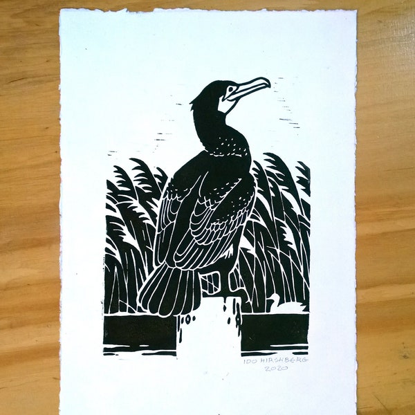 Bird poster - Cormorant Linocut | nature print | Kormoran Linolschnitt