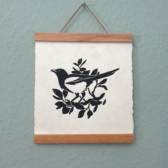 Linocut Magpie, Bird Print