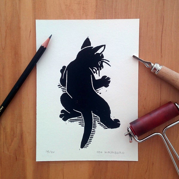 Climbing Kitten Print, linocut | Katze Linolschnitt