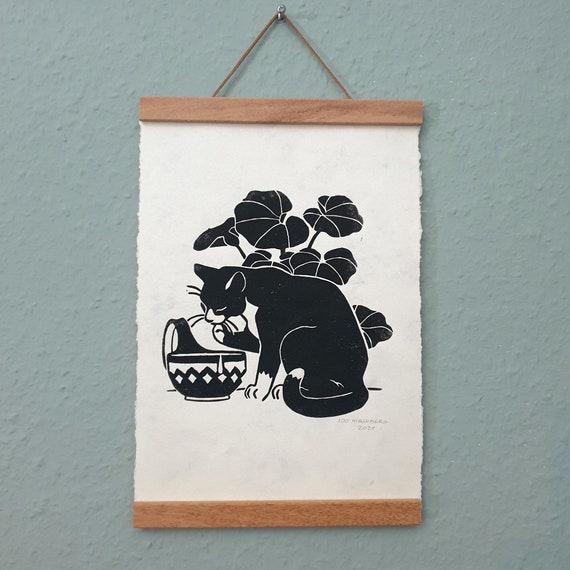 Drinking Cat Linocut Print: Black & White A4 Poster