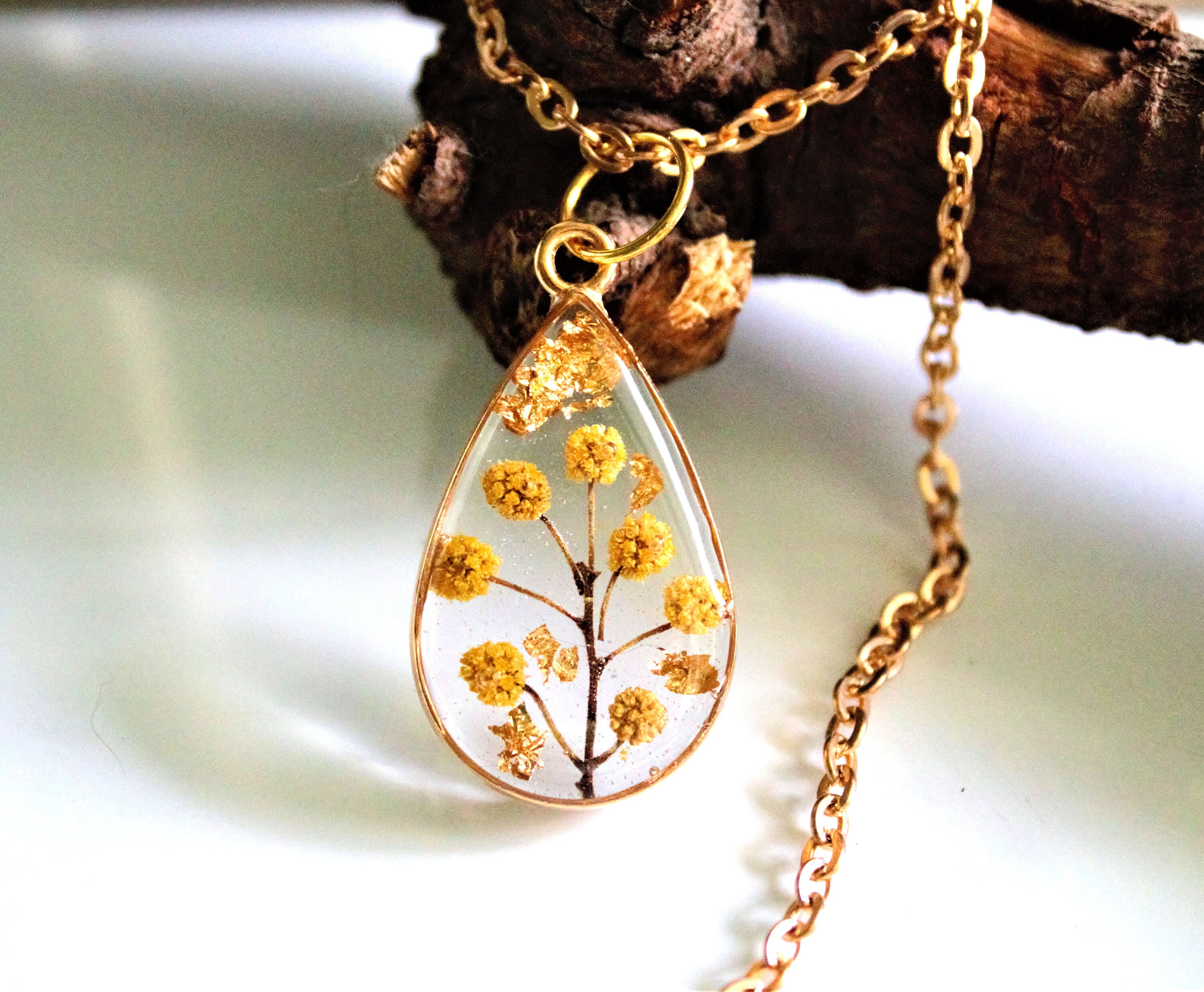 Yellow flower pendant necklace. Resin handmade pendant for Etsy